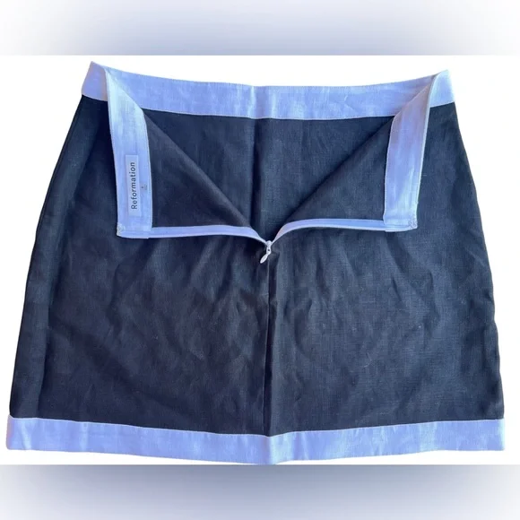 NEW REFORMATION Mini Skirt High Waist 100% Linen Black w White Trim Sz 4 Luxury - Picture 6 of 11